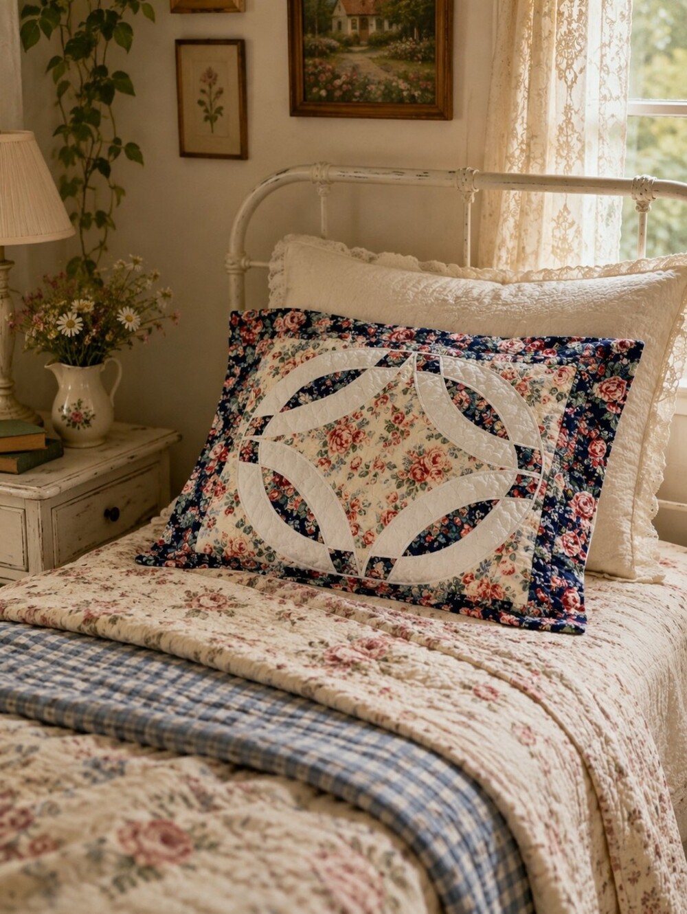 Vintage Floral Patchwork Quilted Pillow Sham